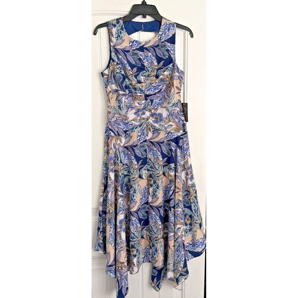 Vince Camuto Women's Sleeveless Printed High-Low-Hem Midi Dress Blue Multi 6 - Picture 6 of 14